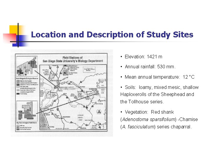 Location and Description of Study Sites • Elevation: 1421 m • Annual rainfall: 530