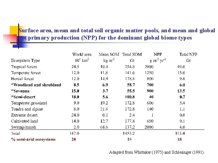 Surface area, mean and total soil organic matter pools, and mean and global net