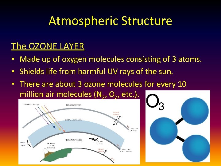 Atmospheric Structure The OZONE LAYER • Made up of oxygen molecules consisting of 3