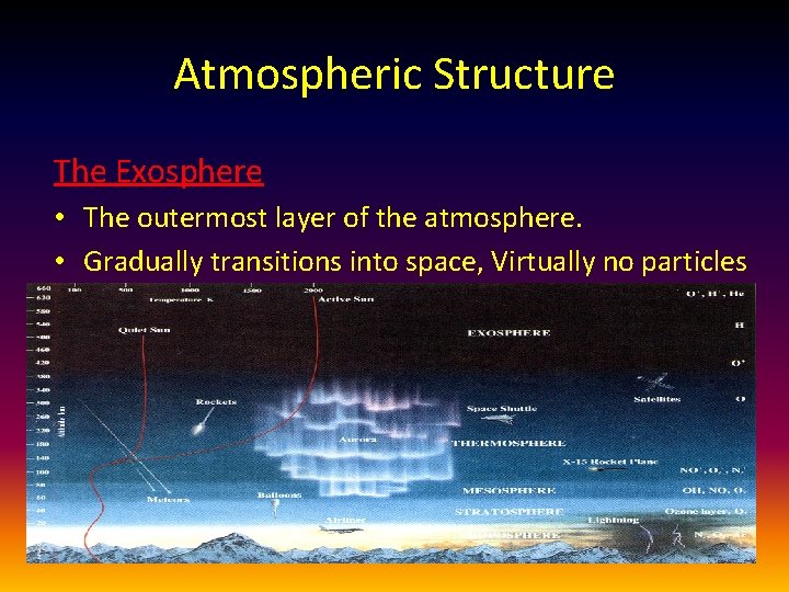 Atmospheric Structure The Exosphere • The outermost layer of the atmosphere. • Gradually transitions