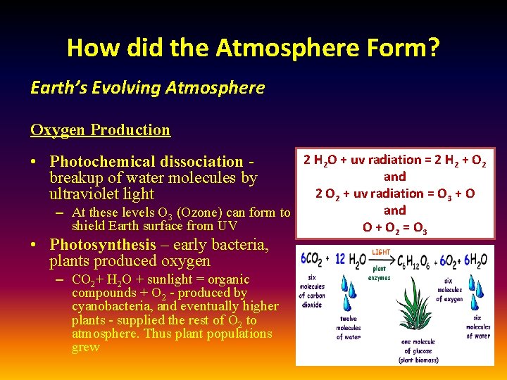 How did the Atmosphere Form? Earth’s Evolving Atmosphere Oxygen Production 2 H 2 O