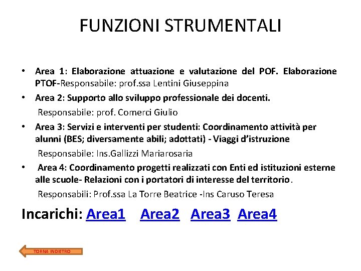 FUNZIONI STRUMENTALI • Area 1: Elaborazione attuazione e valutazione del POF. Elaborazione PTOF-Responsabile: prof.