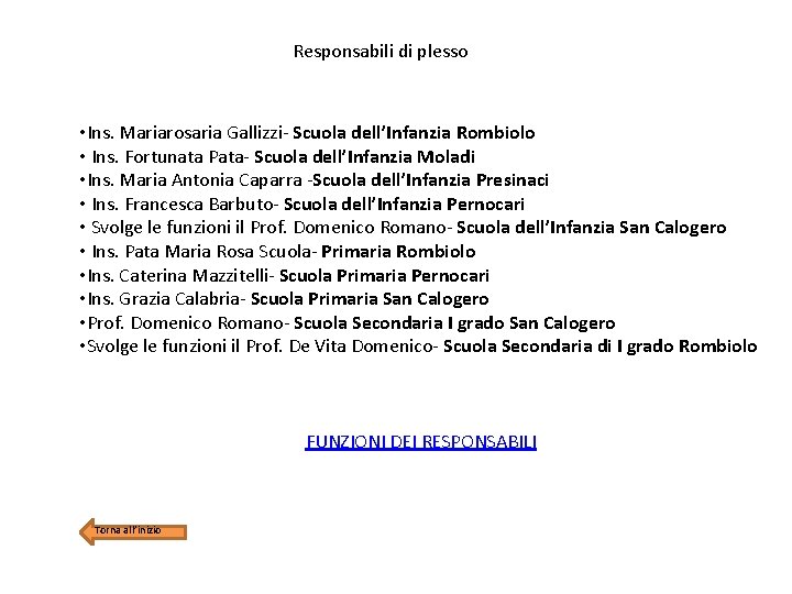 Responsabili di plesso • Ins. Mariarosaria Gallizzi- Scuola dell’Infanzia Rombiolo • Ins. Fortunata Pata-