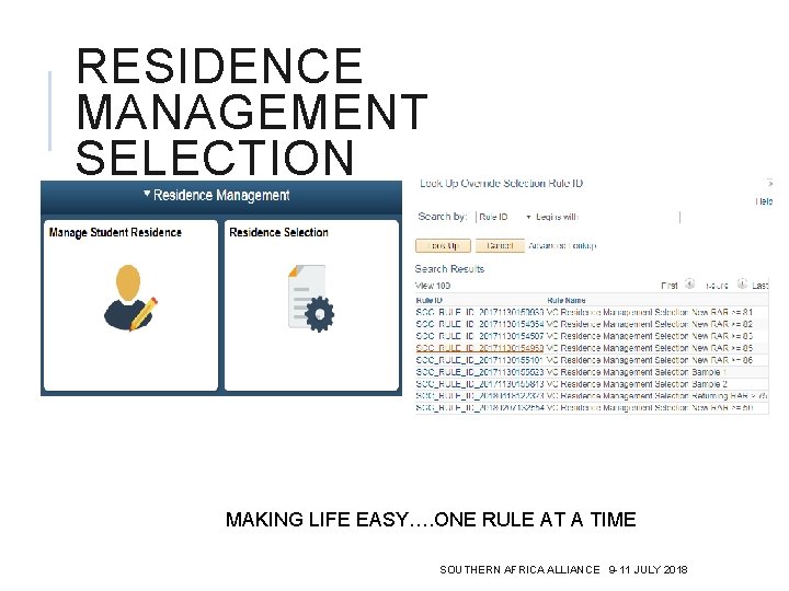 RESIDENCE MANAGEMENT SELECTION MAKING LIFE EASY…. ONE RULE AT A TIME SOUTHERN AFRICA ALLIANCE