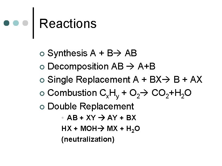 Reactions Synthesis A + B AB ¢ Decomposition AB A+B ¢ Single Replacement A