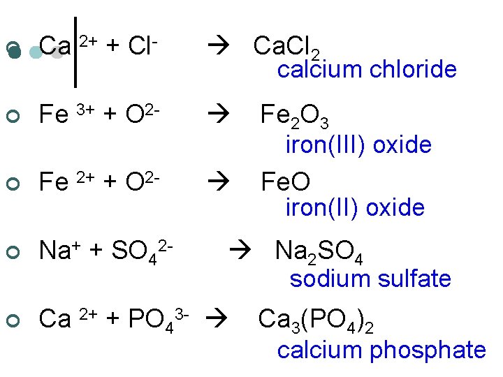 ¢ Ca 2+ + Cl- Ca. Cl 2 calcium chloride ¢ Fe 3+ +