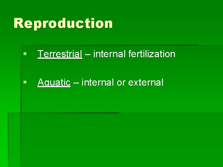 Reproduction § Terrestrial – internal fertilization § Aquatic – internal or external 