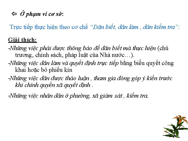  Ở phạm vi cơ sở: Trực tiếp thực hiện theo cơ chế “Dân