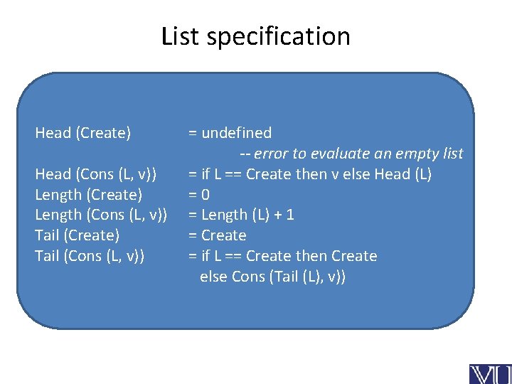 List specification Head (Create) Head (Cons (L, v)) Length (Create) Length (Cons (L, v))