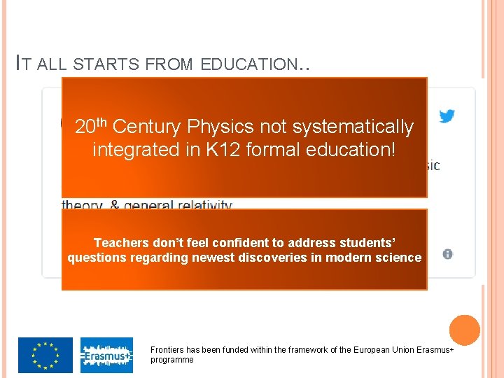 IT ALL STARTS FROM EDUCATION. . 20 th Century Physics not systematically integrated in