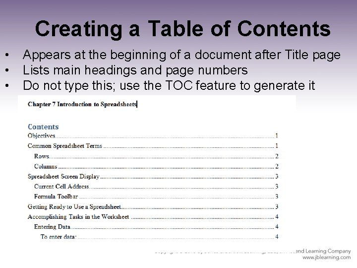 Creating a Table of Contents • • • Appears at the beginning of a Creating a Table of Contents • • • Appears at the beginning of a