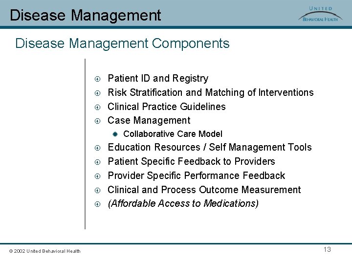 Disease Management Components Patient ID and Registry Risk Stratification and Matching of Interventions Clinical