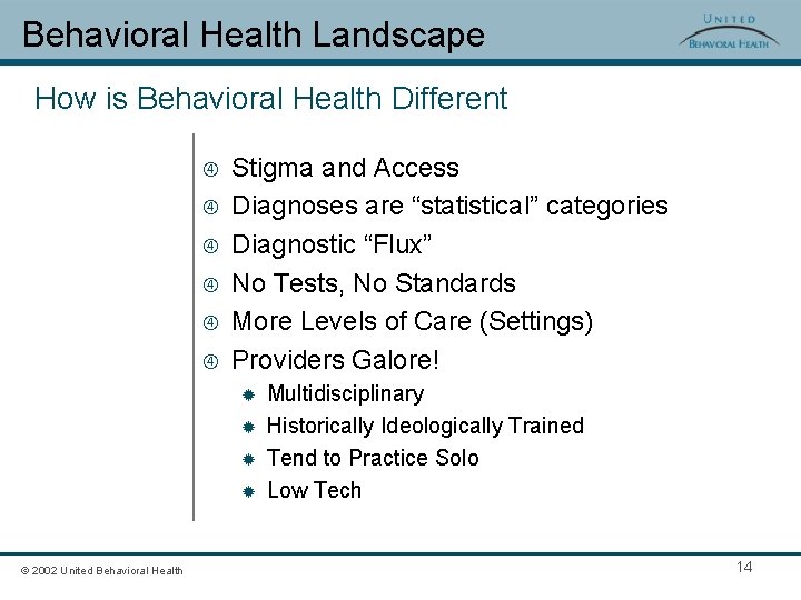 Behavioral Health Landscape How is Behavioral Health Different Stigma and Access Diagnoses are “statistical”