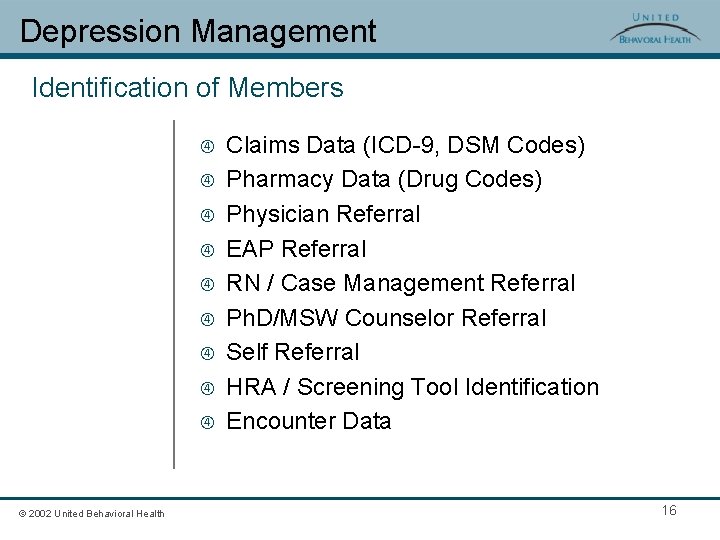 Depression Management Identification of Members © 2002 United Behavioral Health Claims Data (ICD-9, DSM