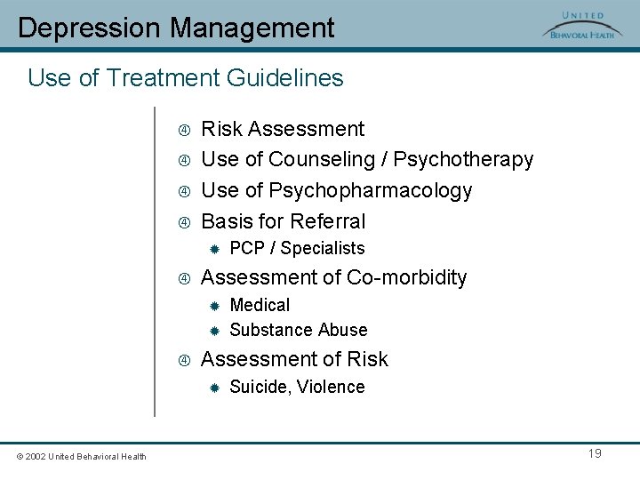 Depression Management Use of Treatment Guidelines Risk Assessment Use of Counseling / Psychotherapy Use