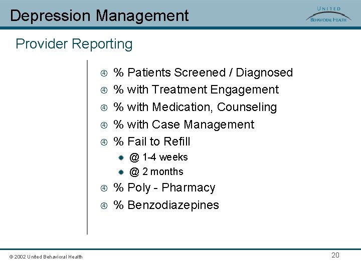 Depression Management Provider Reporting % Patients Screened / Diagnosed % with Treatment Engagement %
