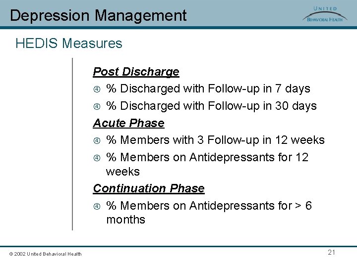 Depression Management HEDIS Measures Post Discharge % Discharged with Follow-up in 7 days %