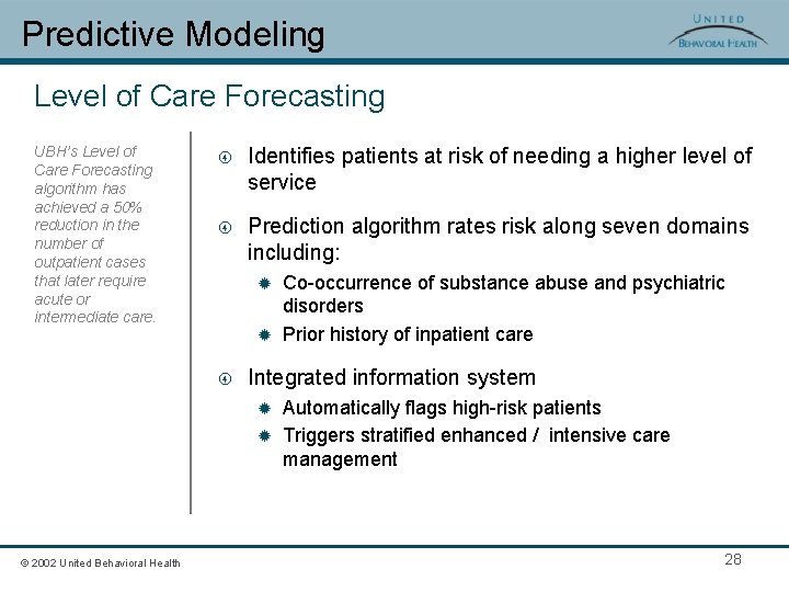 Predictive Modeling Level of Care Forecasting UBH’s Level of Care Forecasting algorithm has achieved