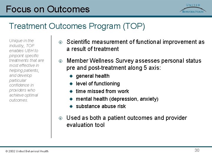 Focus on Outcomes Treatment Outcomes Program (TOP) Unique in the industry, TOP enables UBH