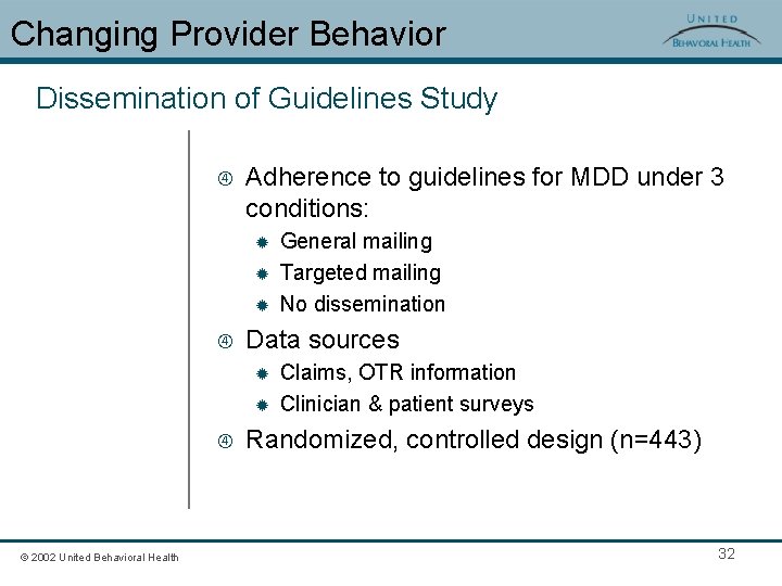 Changing Provider Behavior Dissemination of Guidelines Study Adherence to guidelines for MDD under 3
