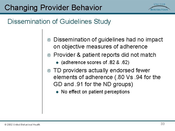 Changing Provider Behavior Dissemination of Guidelines Study Dissemination of guidelines had no impact on