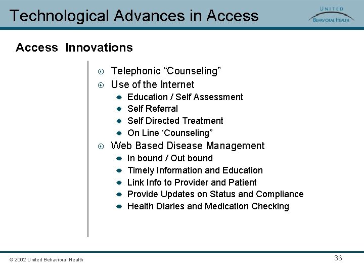 Technological Advances in Access Innovations Telephonic “Counseling” Use of the Internet ® ® Web