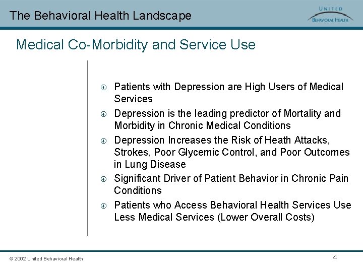 The Behavioral Health Landscape Medical Co-Morbidity and Service Use © 2002 United Behavioral Health