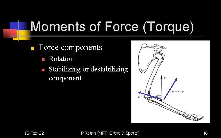 Moments of Force (Torque) n Force components n n 15 -Feb-22 Rotation Stabilizing or