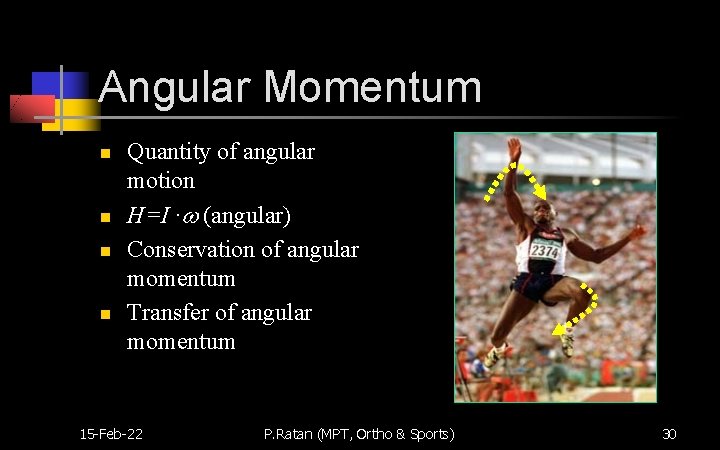 Angular Momentum n n Quantity of angular motion H=I · (angular) Conservation of angular