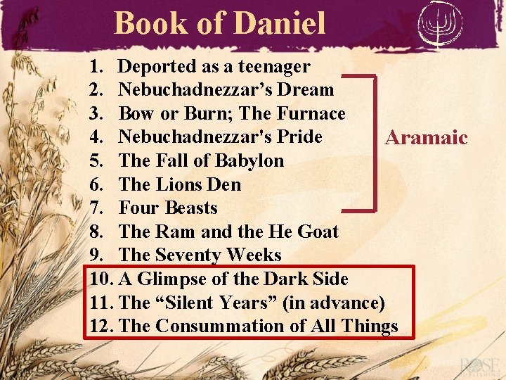 Book of Daniel 1. Deported as a teenager 2. Nebuchadnezzar’s Dream 3. Bow or