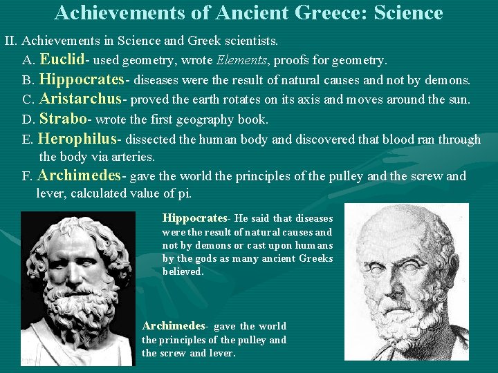 Achievements of Ancient Greece: Science II. Achievements in Science and Greek scientists. A. Euclid-