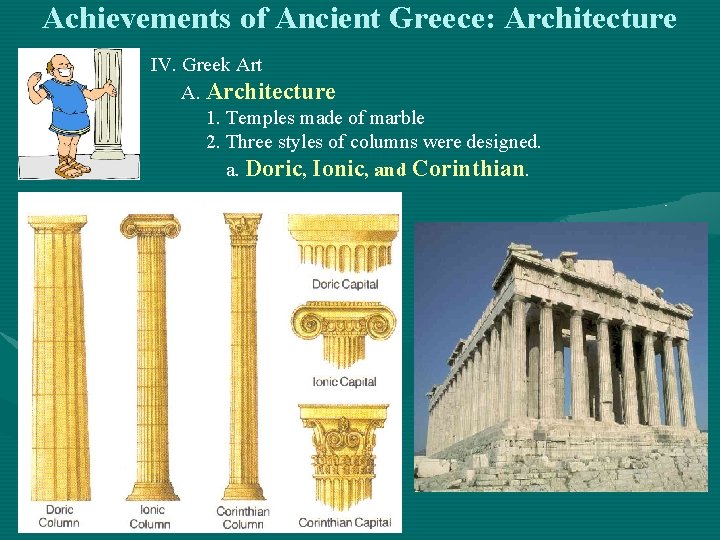 Achievements of Ancient Greece: Architecture IV. Greek Art A. Architecture 1. Temples made of