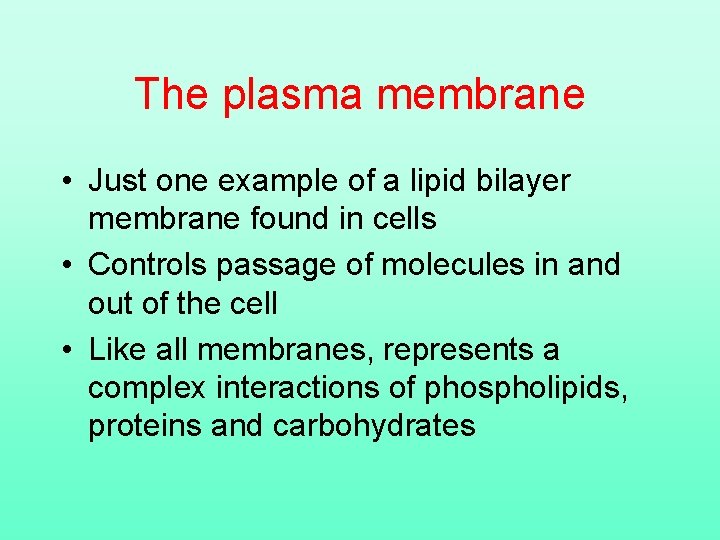 The plasma membrane • Just one example of a lipid bilayer membrane found in