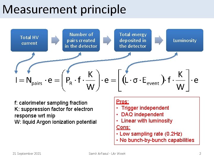 Measurement principle Total HV current Number of pairs created in the detector f: calorimeter
