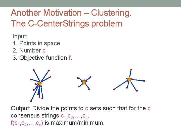 Another Motivation – Clustering. The C-Center. Strings problem Input: 1. Points in space 2.