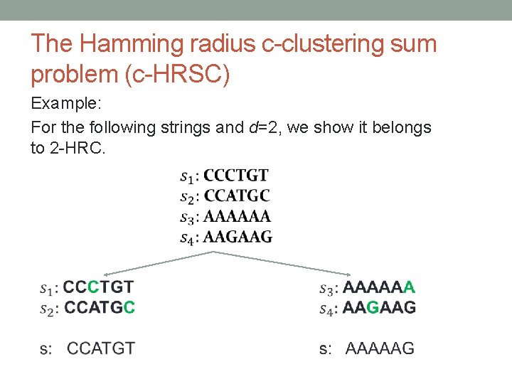 The Hamming radius c-clustering sum problem (c-HRSC) Example: For the following strings and d=2,