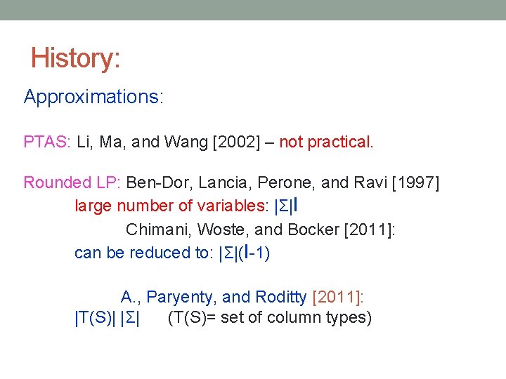 History: Approximations: PTAS: Li, Ma, and Wang [2002] – not practical. Rounded LP: Ben-Dor,