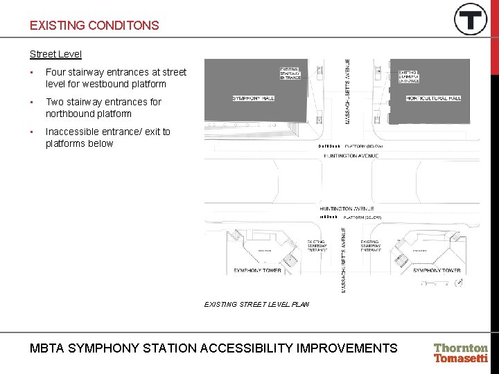 EXISTING CONDITONS Street Level • Four stairway entrances at street level for westbound platform