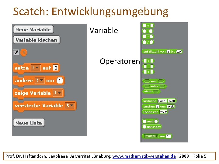 Scatch: Entwicklungsumgebung Variable Operatoren Prof. Dr. Haftendorn, Leuphana Universität Lüneburg, www. mathematik-verstehen. de 2009