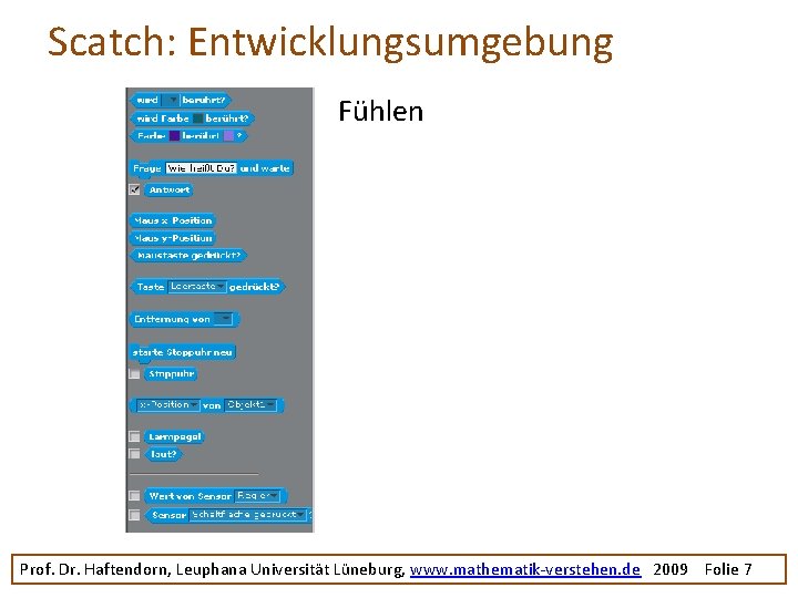 Scatch: Entwicklungsumgebung Fühlen Prof. Dr. Haftendorn, Leuphana Universität Lüneburg, www. mathematik-verstehen. de 2009 Folie