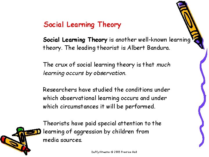 Social Learning Theory is another well-known learning theory. The leading theorist is Albert Bandura.