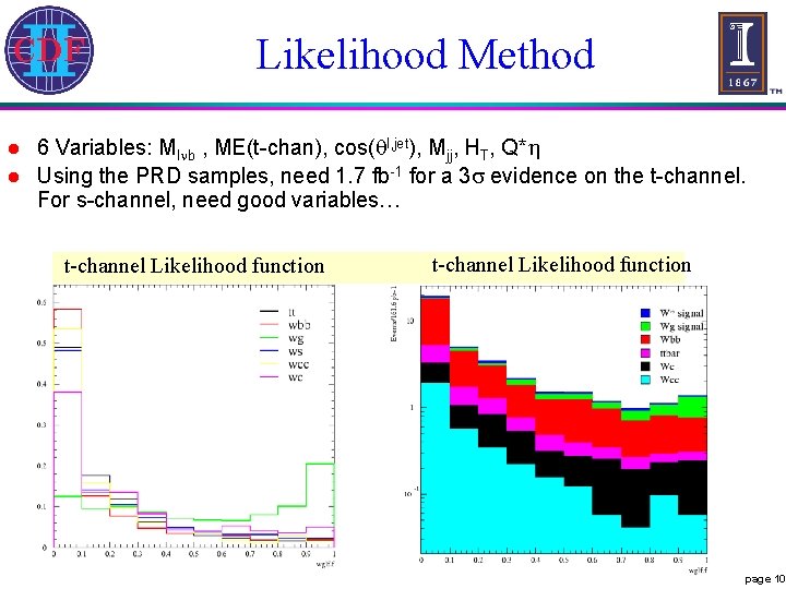 Likelihood Method l l 6 Variables: Ml b , ME(t-chan), cos( l, jet), Mjj,