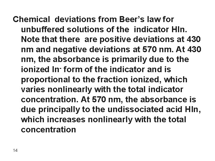 Chemical deviations from Beer’s law for unbuffered solutions of the indicator Hln. Note that