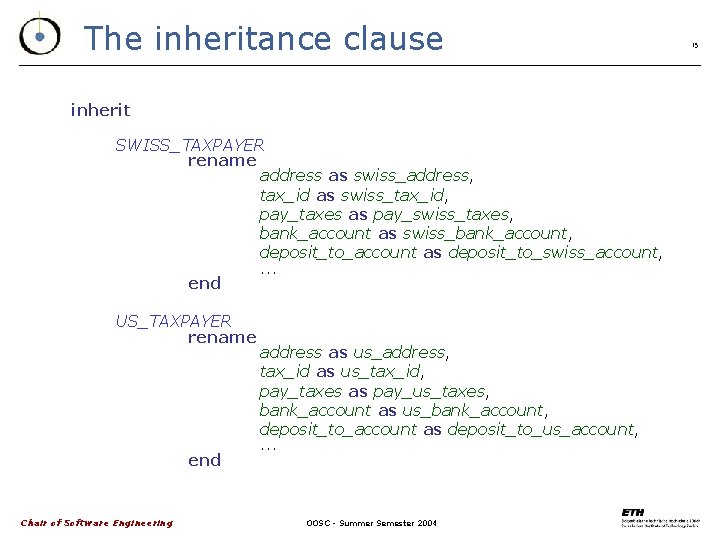 The inheritance clause inherit SWISS_TAXPAYER rename address as swiss_address, tax_id as swiss_tax_id, pay_taxes as