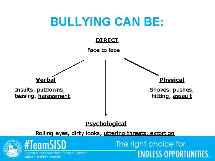 BULLYING CAN BE: DIRECT Face to face Verbal Physical Insults, putdowns, teasing, harassment Shoves,