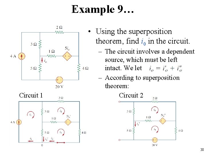 Example 9… • Using the superposition theorem, find i 0 in the circuit. Circuit