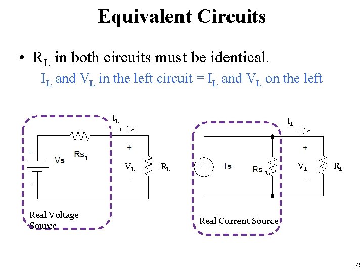 Equivalent Circuits • RL in both circuits must be identical. IL and VL in