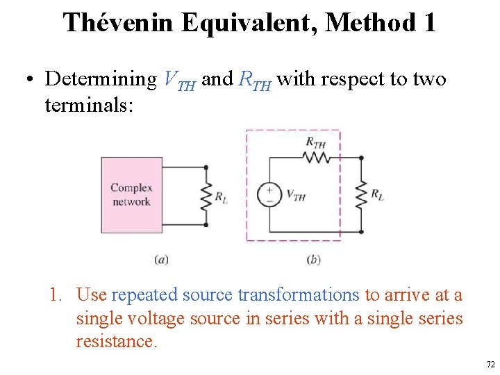 Thévenin Equivalent, Method 1 • Determining VTH and RTH with respect to two terminals: