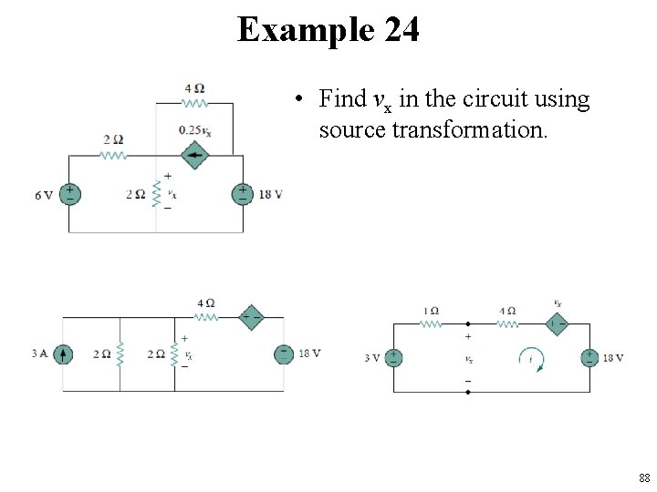 Example 24 • Find vx in the circuit using source transformation. 88 