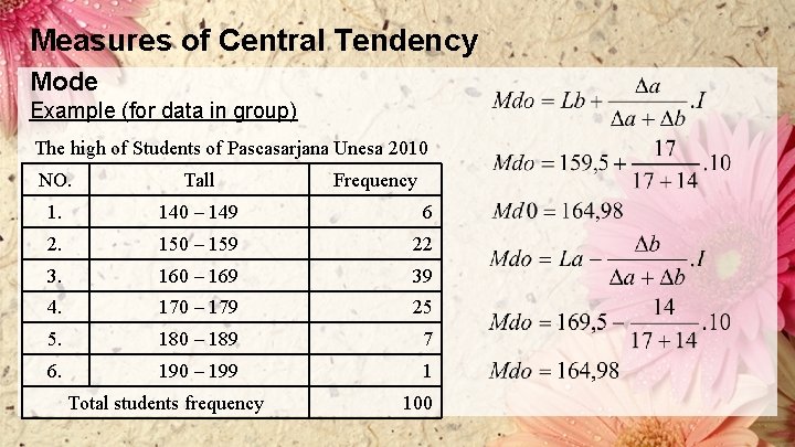 Measures of Central Tendency Mode Example (for data in group) The high of Students